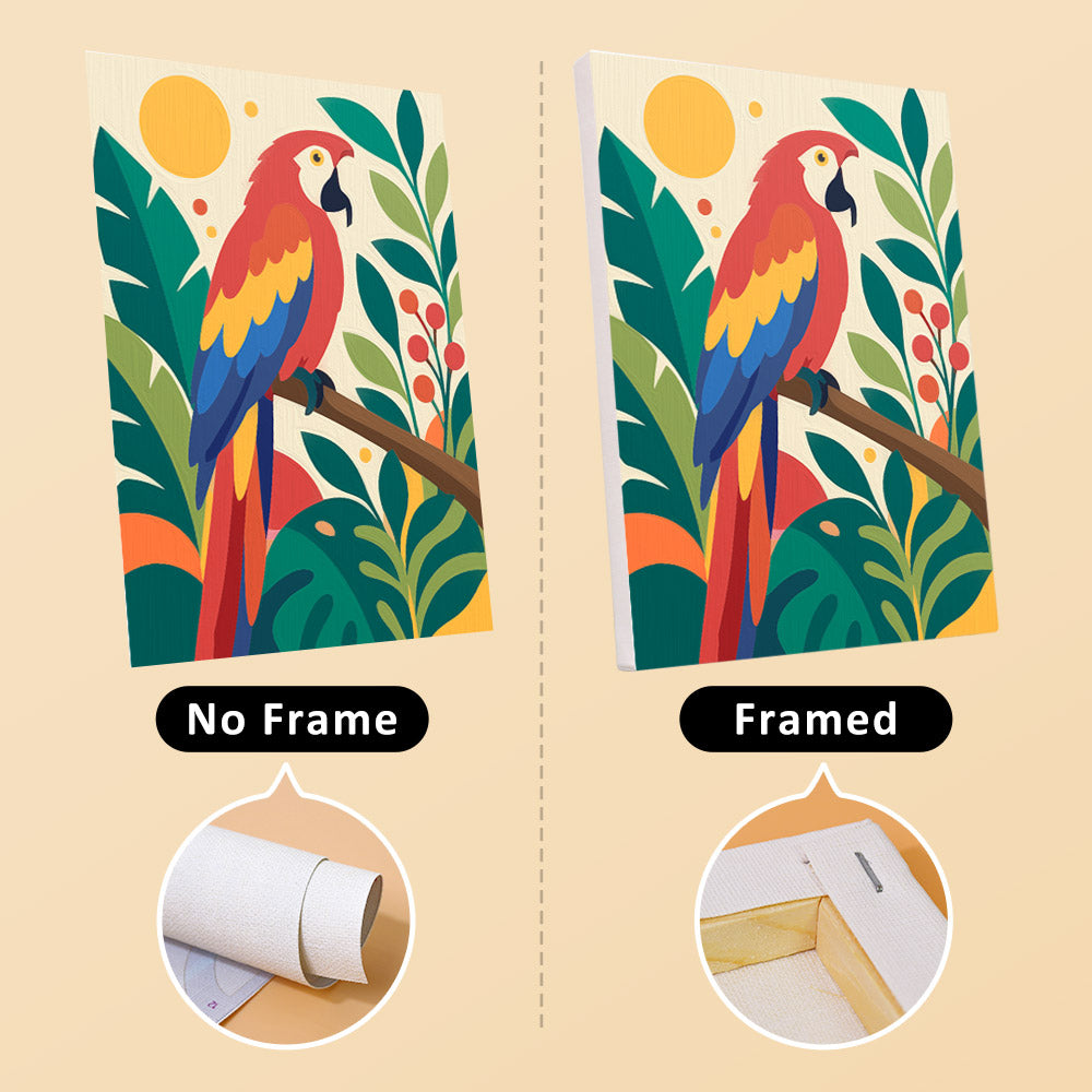 Tropical Birds mini canvas shown rolled without a frame and pre-stretched on a frame