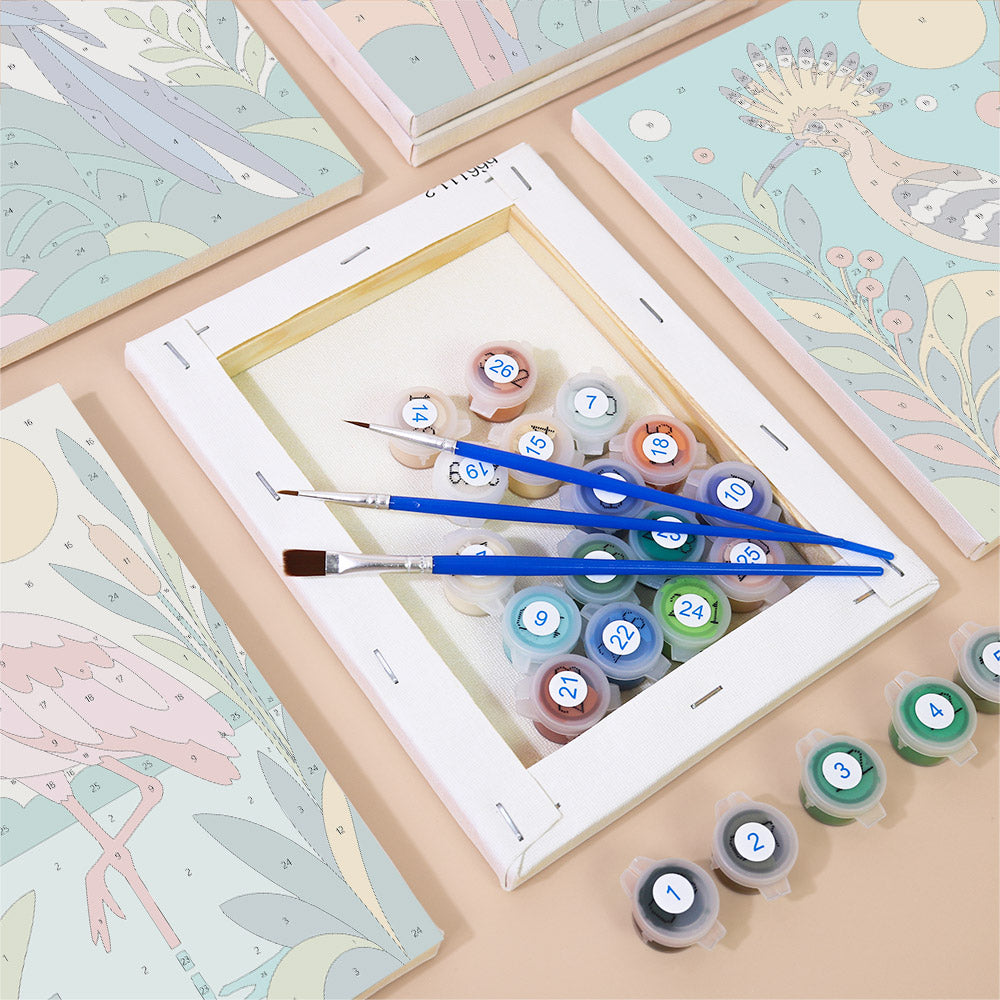 Numbered paint pots and brushes on a pre-stretched Tropical Birds mini canvas