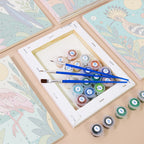 Numbered paint pots and brushes on a pre-stretched Tropical Birds mini canvas