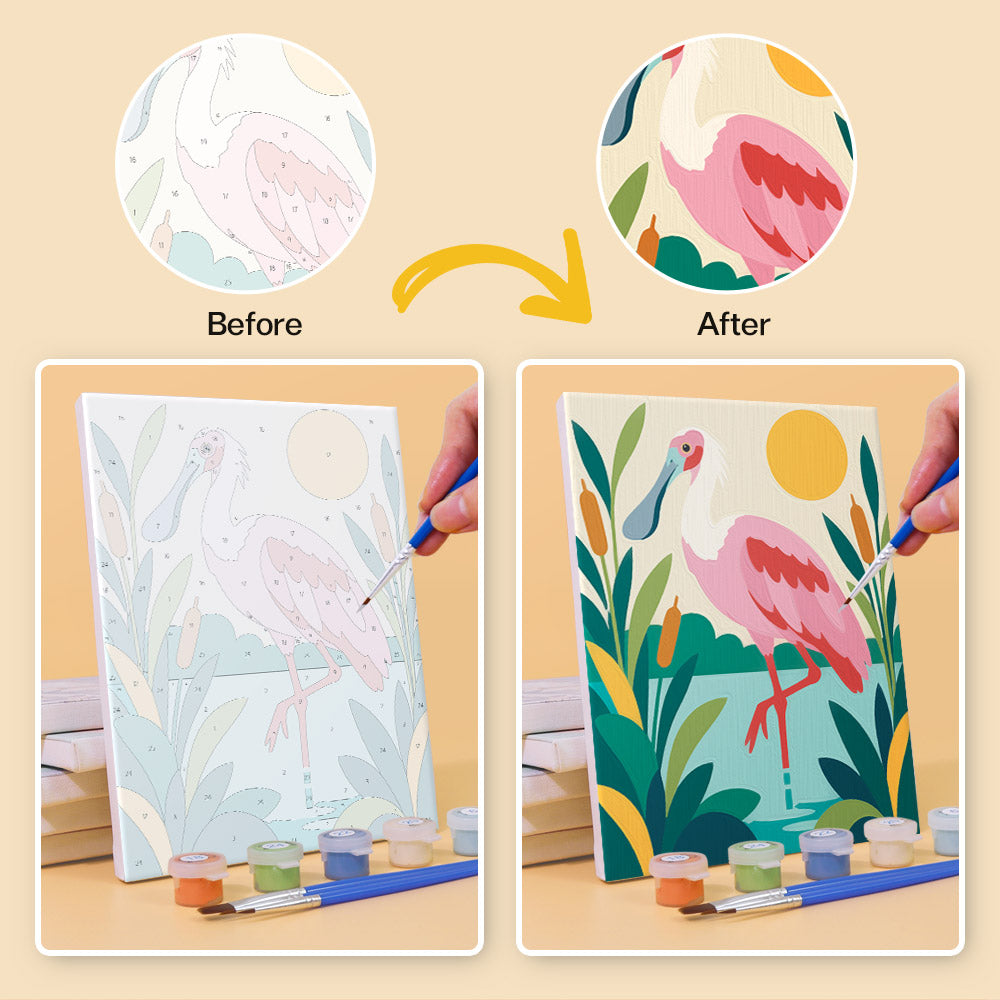 Before and after of a Tropical Birds mini paint by numbers canvas