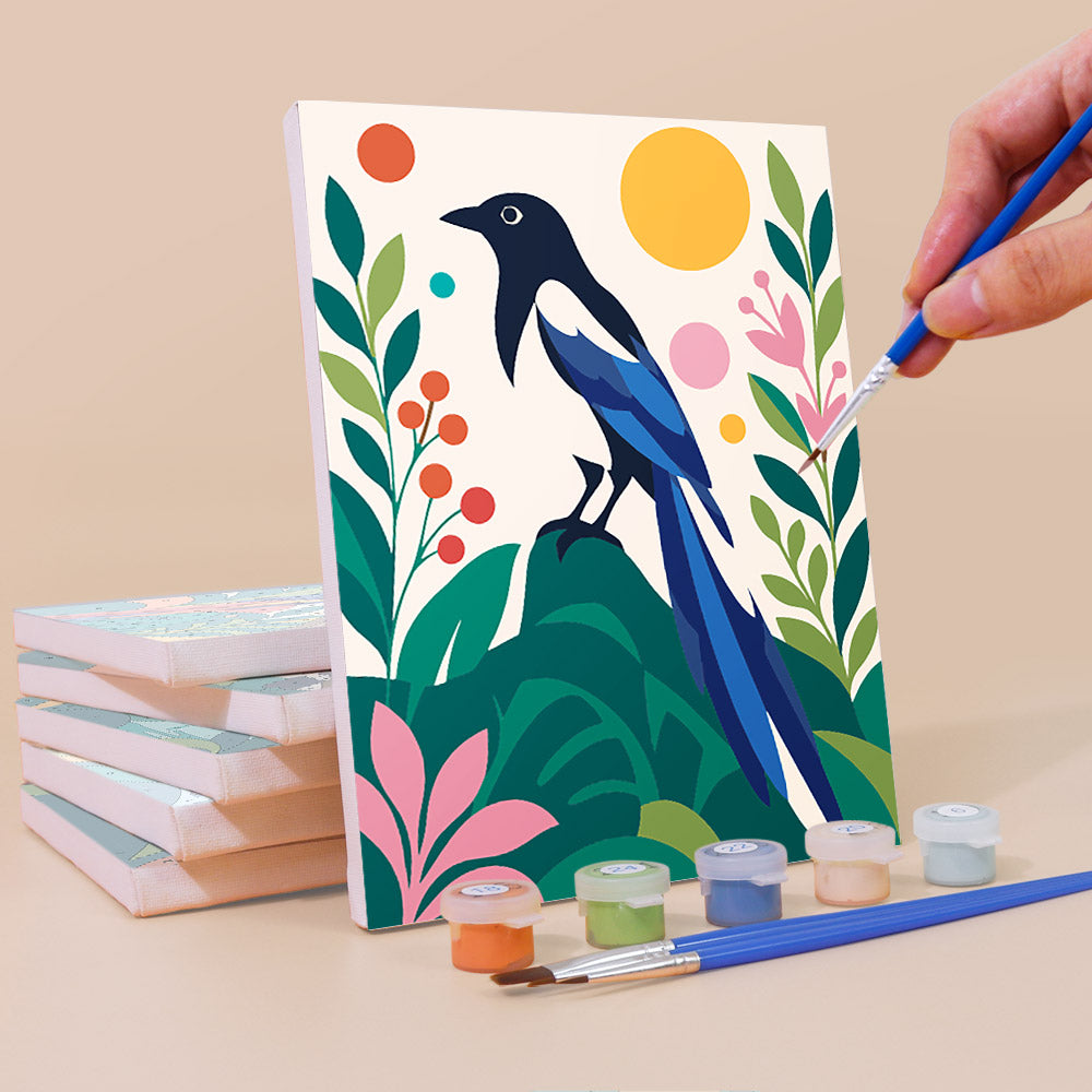 Painting a Tropical Birds mini canvas propped up beside numbered acrylic paints