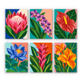 Tropical Blooms mini paint by numbers set: six bold tropical flowers, including a protea, orchids, an anthurium, a lotus, a bromeliad and canna lilies