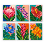 Tropical Blooms mini paint by numbers set: six bold tropical flowers, including a protea, orchids, an anthurium, a lotus, a bromeliad and canna lilies