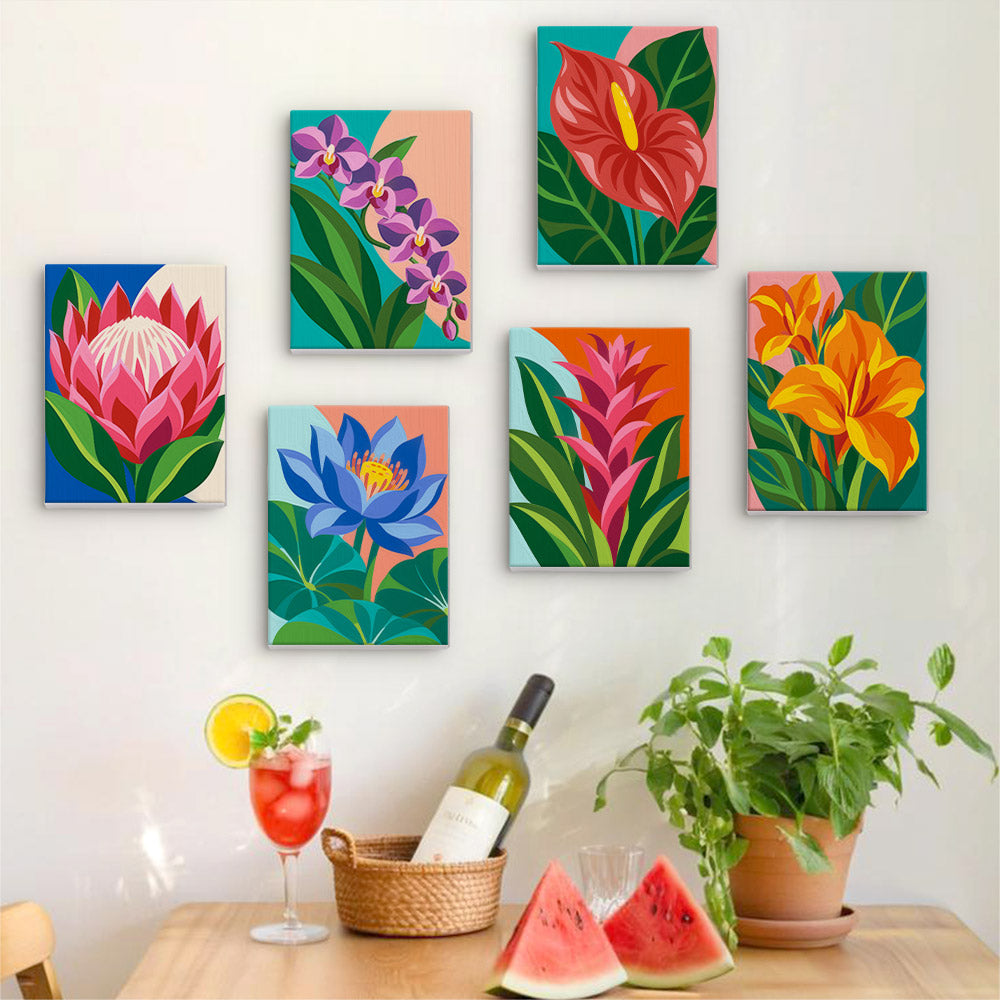 Six finished Tropical Blooms mini paintings hung on a wall above a table