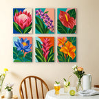 Tropical Blooms mini paintings displayed as a gallery wall in a sunny kitchen