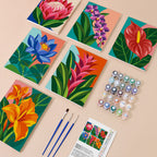 Tropical Blooms mini paint by numbers kit with six numbered canvases, acrylic paints, brushes and layout