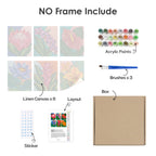 What's included without a frame: six rolled Tropical Blooms mini canvases, acrylic paints, three brushes and layout