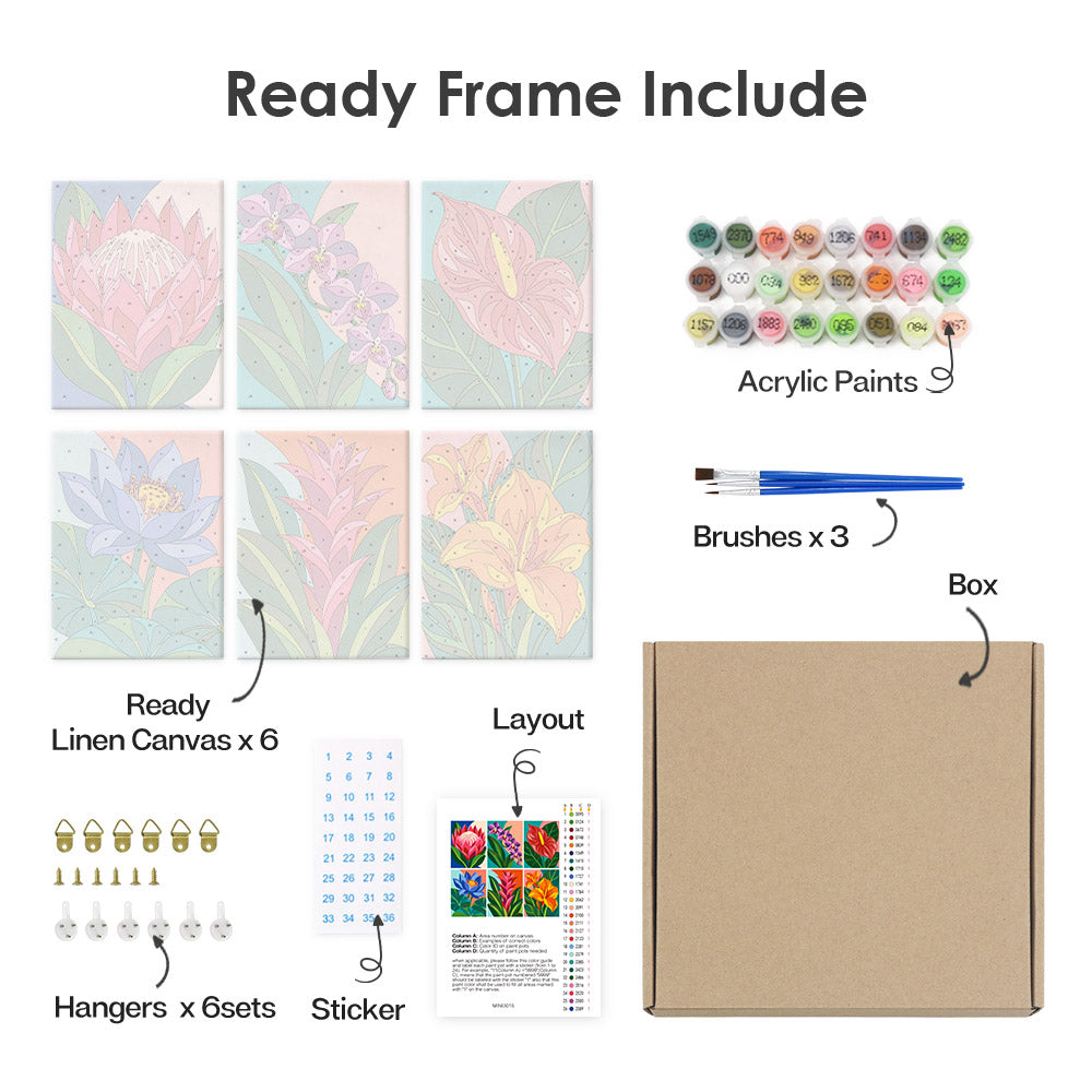 What's included pre-stretched on frame: six framed Tropical Blooms mini canvases, paints, three brushes, hangers and layout