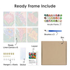 What's included pre-stretched on frame: six framed Tropical Blooms mini canvases, paints, three brushes, hangers and layout
