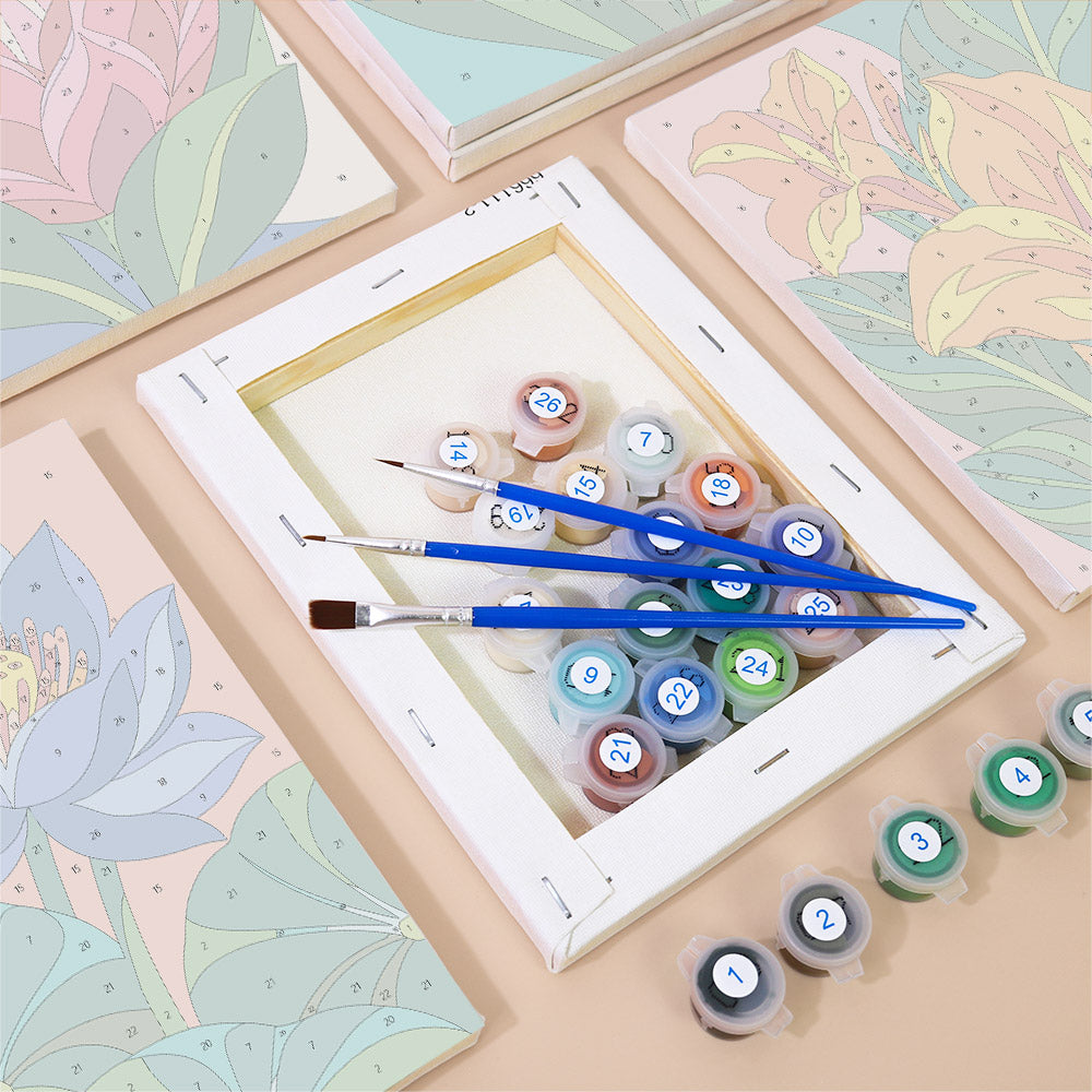 Numbered paint pots and brushes on a pre-stretched Tropical Blooms mini canvas