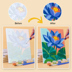 Before and after of a Tropical Blooms mini paint by numbers canvas