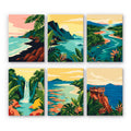 Tropical Coastlines mini paint by numbers set: six scenes of turquoise lagoons, beaches, rivers, a waterfall and a cliff lookout
