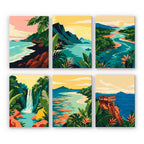 Tropical Coastlines mini paint by numbers set: six scenes of turquoise lagoons, beaches, rivers, a waterfall and a cliff lookout