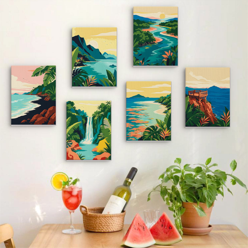 Six finished Tropical Coastlines mini paintings hung on a wall above a table