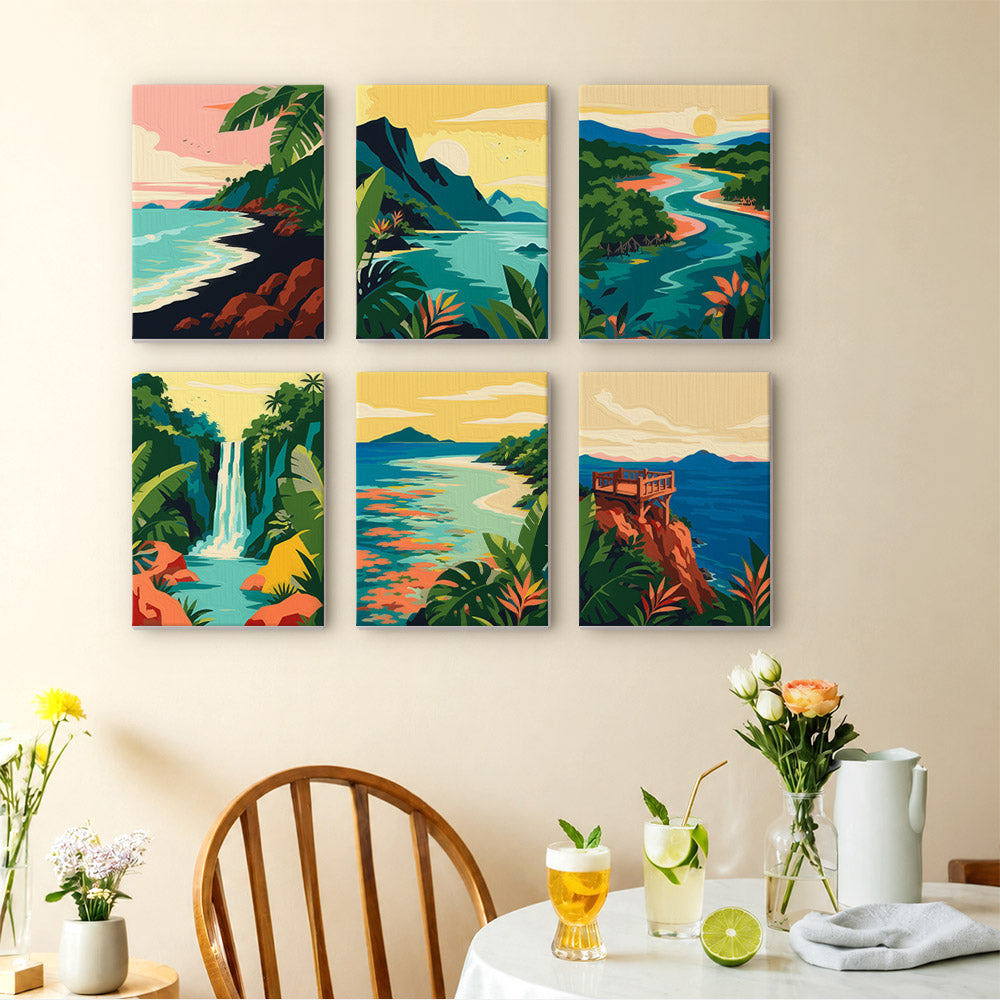 Tropical Coastlines mini paintings displayed as a gallery wall in a sunny kitchen
