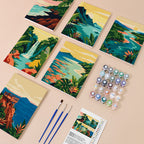 Tropical Coastlines mini paint by numbers kit with six numbered canvases, acrylic paints, brushes and layout