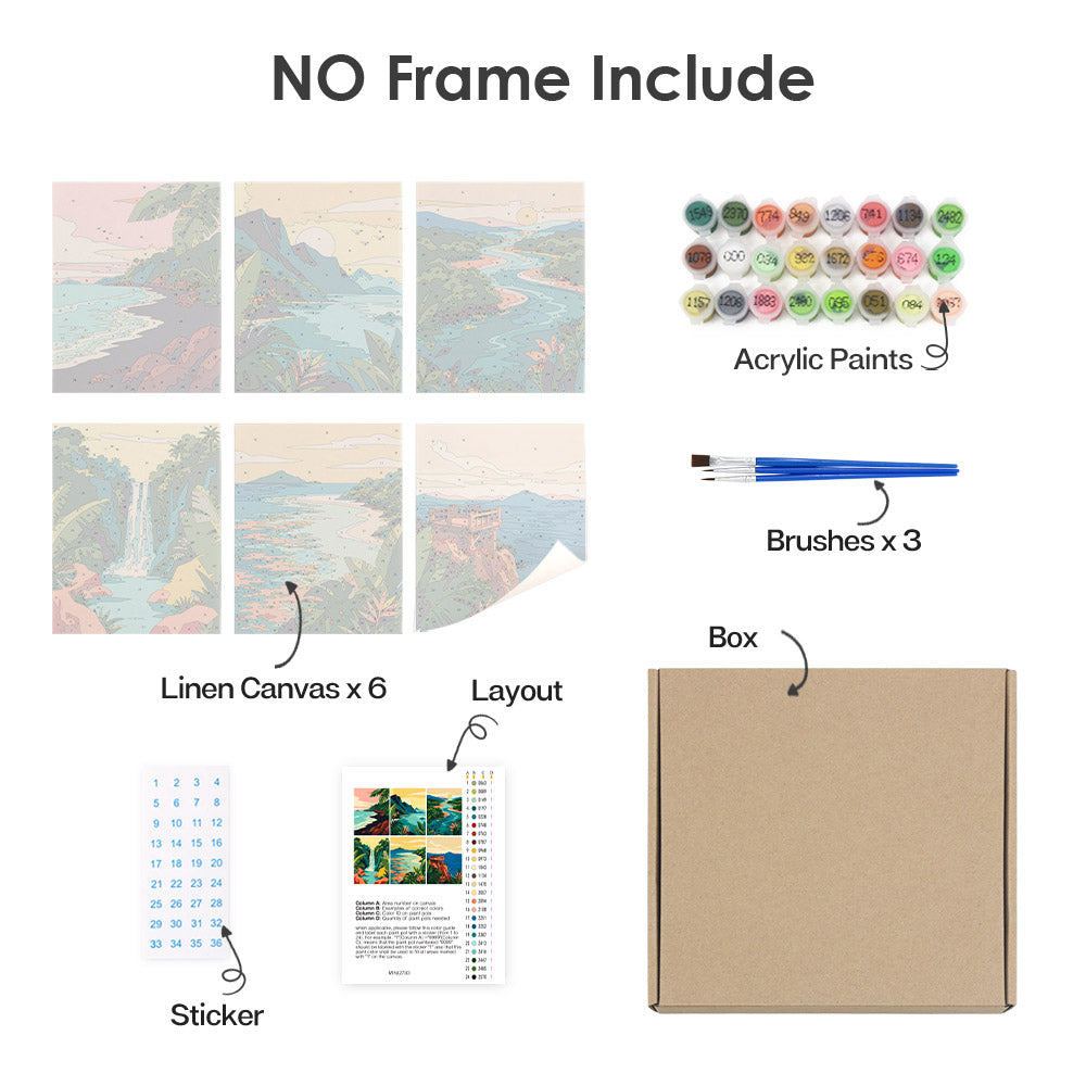 What's included without a frame: six rolled Tropical Coastlines mini canvases, acrylic paints, three brushes and layout