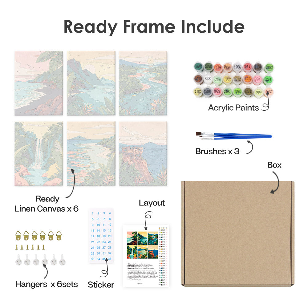 What's included pre-stretched on frame: six framed Tropical Coastlines mini canvases, paints, three brushes, hangers and layout