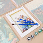 Numbered paint pots and brushes on a pre-stretched Tropical Coastlines mini canvas