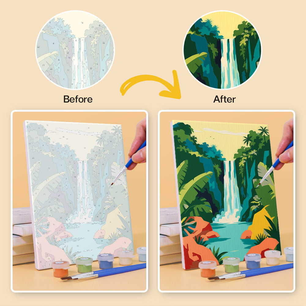 Before and after of a Tropical Coastlines mini paint by numbers canvas