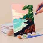 Painting a Tropical Coastlines mini canvas propped up beside numbered acrylic paints