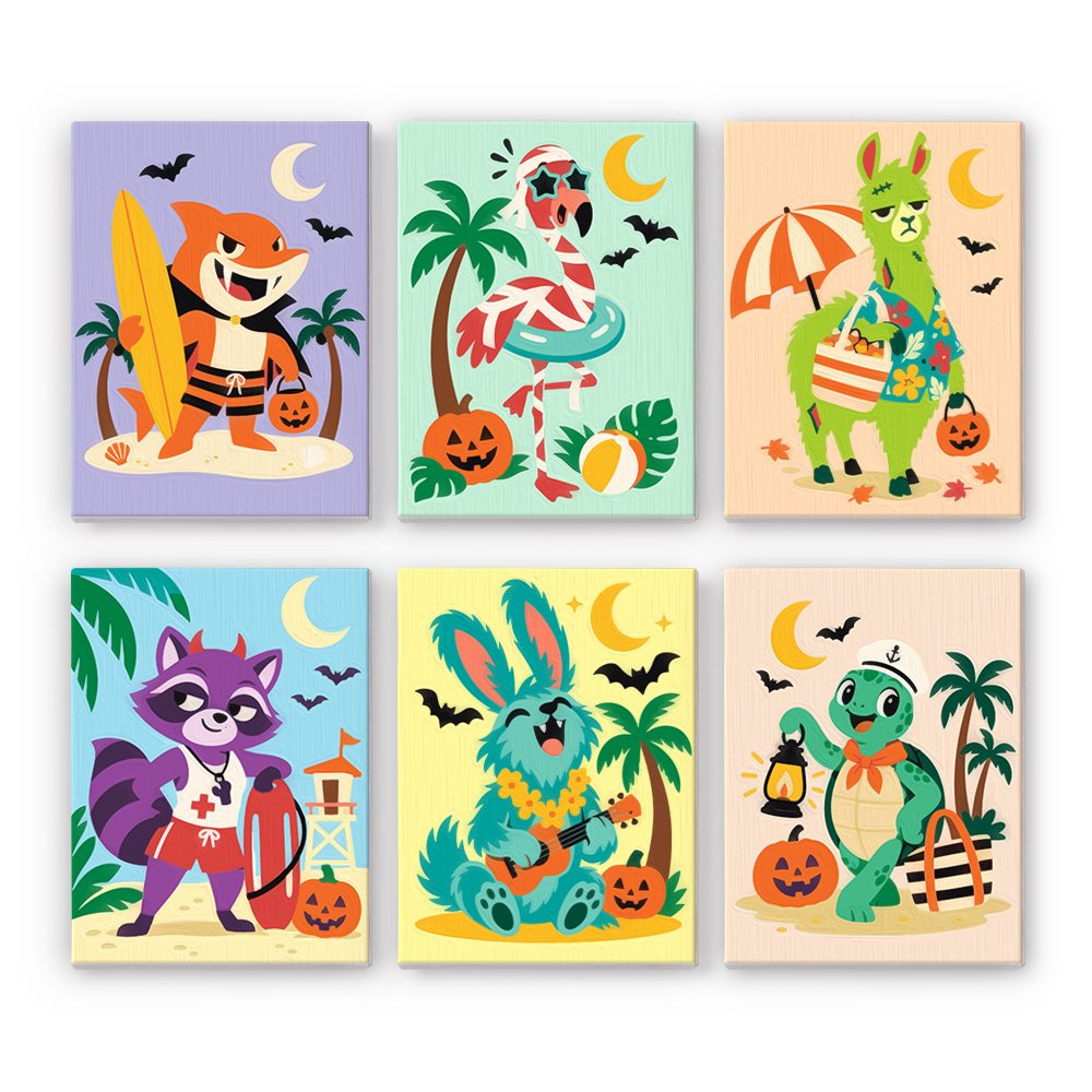 Tropical Critter Halloween mini paint by numbers set: six tropical animals celebrating Halloween, including a fox, flamingo, llama, raccoon, bunny and sea turtle