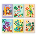 Tropical Critter Halloween mini paint by numbers set: six tropical animals celebrating Halloween, including a fox, flamingo, llama, raccoon, bunny and sea turtle