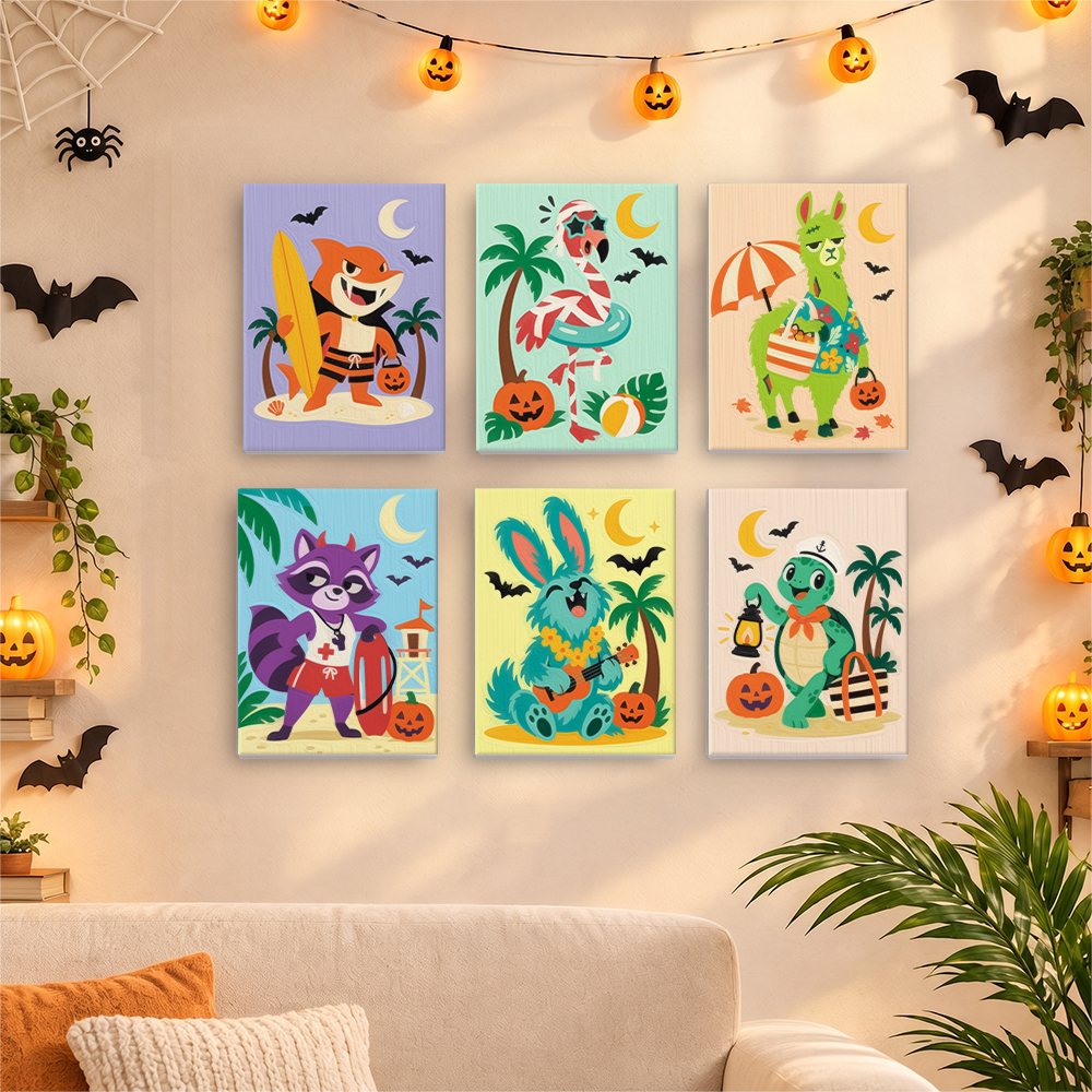 Before and after of a Tropical Critter Halloween mini paint by numbers canvas