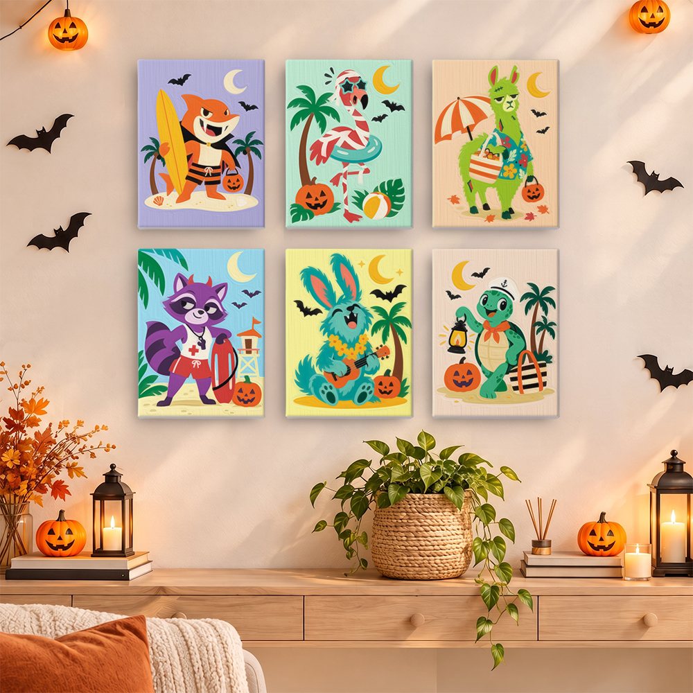 Painting a Tropical Critter Halloween mini canvas propped up beside numbered acrylic paints
