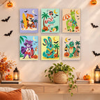 Painting a Tropical Critter Halloween mini canvas propped up beside numbered acrylic paints