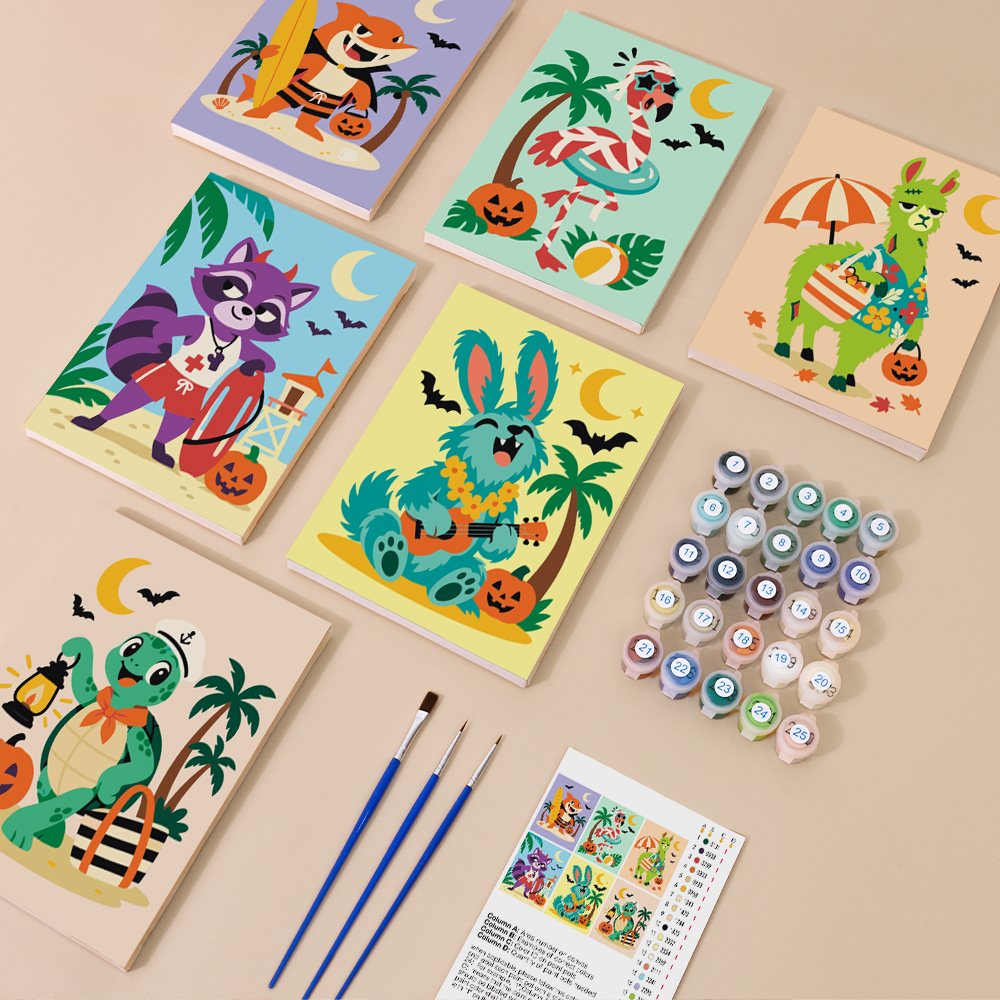 Painting one of the Tropical Critter Halloween designs next to a stack of mini canvases