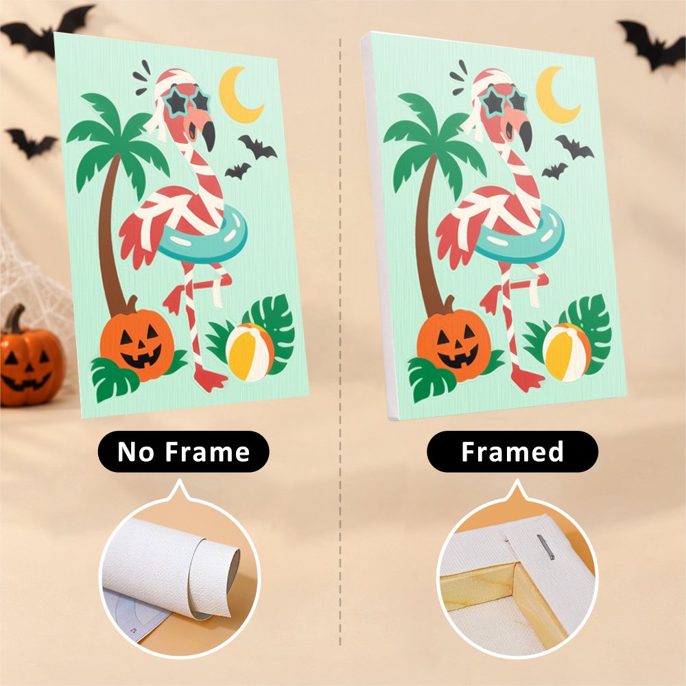 Six finished Tropical Critter Halloween mini paintings hung on a wall above a table