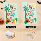 Six finished Tropical Critter Halloween mini paintings hung on a wall above a table