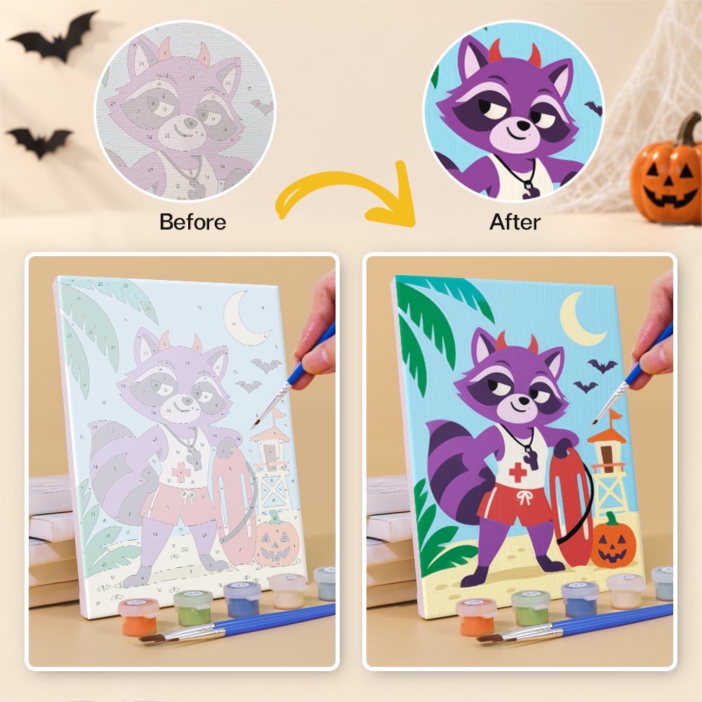 What's included without a frame: six rolled Tropical Critter Halloween mini canvases, acrylic paints, three brushes and layout