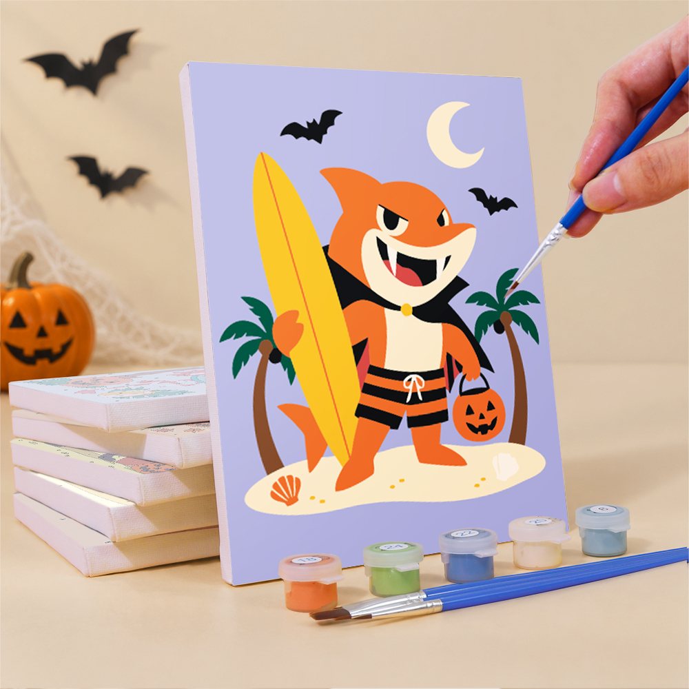 What's included pre-stretched on frame: six framed Tropical Critter Halloween mini canvases, paints, three brushes, hangers and layout