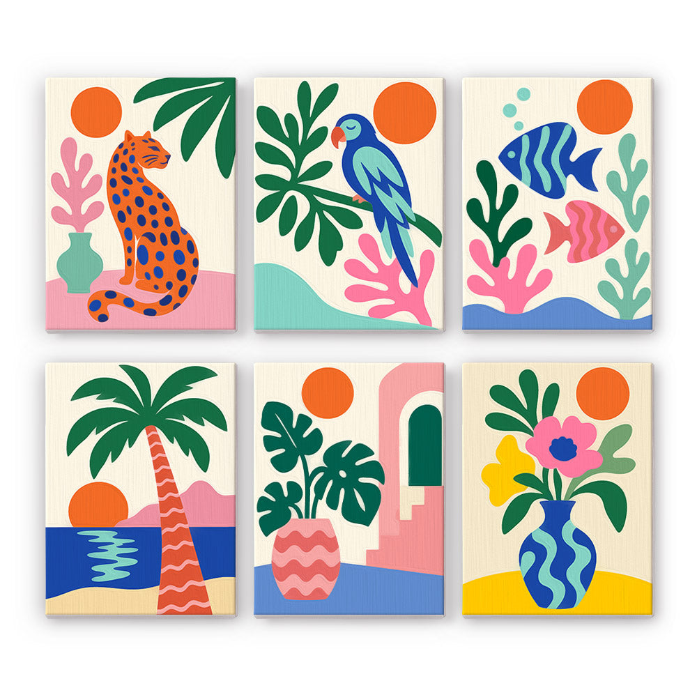 Tropical Cutouts mini paint by numbers set: six bold cutout-style designs of a leopard, parrot, fish, palm and vases
