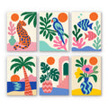 Tropical Cutouts mini paint by numbers set: six bold cutout-style designs of a leopard, parrot, fish, palm and vases