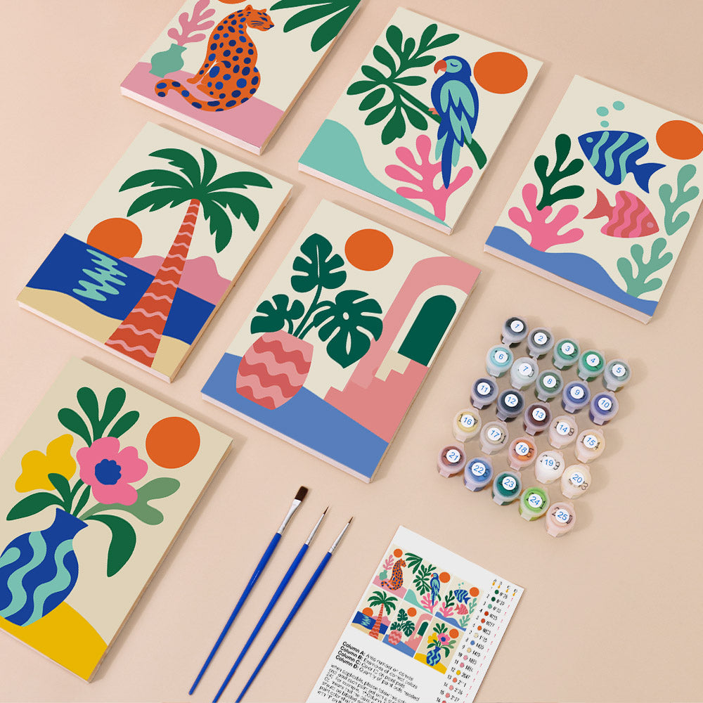 Tropical Cutouts mini paint by numbers kit with six numbered canvases, acrylic paints, brushes and layout