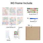 What's included without a frame: six rolled Tropical Cutouts mini canvases, acrylic paints, three brushes and layout