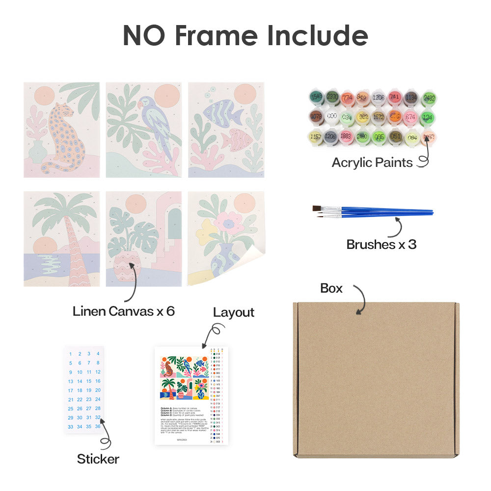 What's included without a frame: six rolled Tropical Cutouts mini canvases, acrylic paints, three brushes and layout