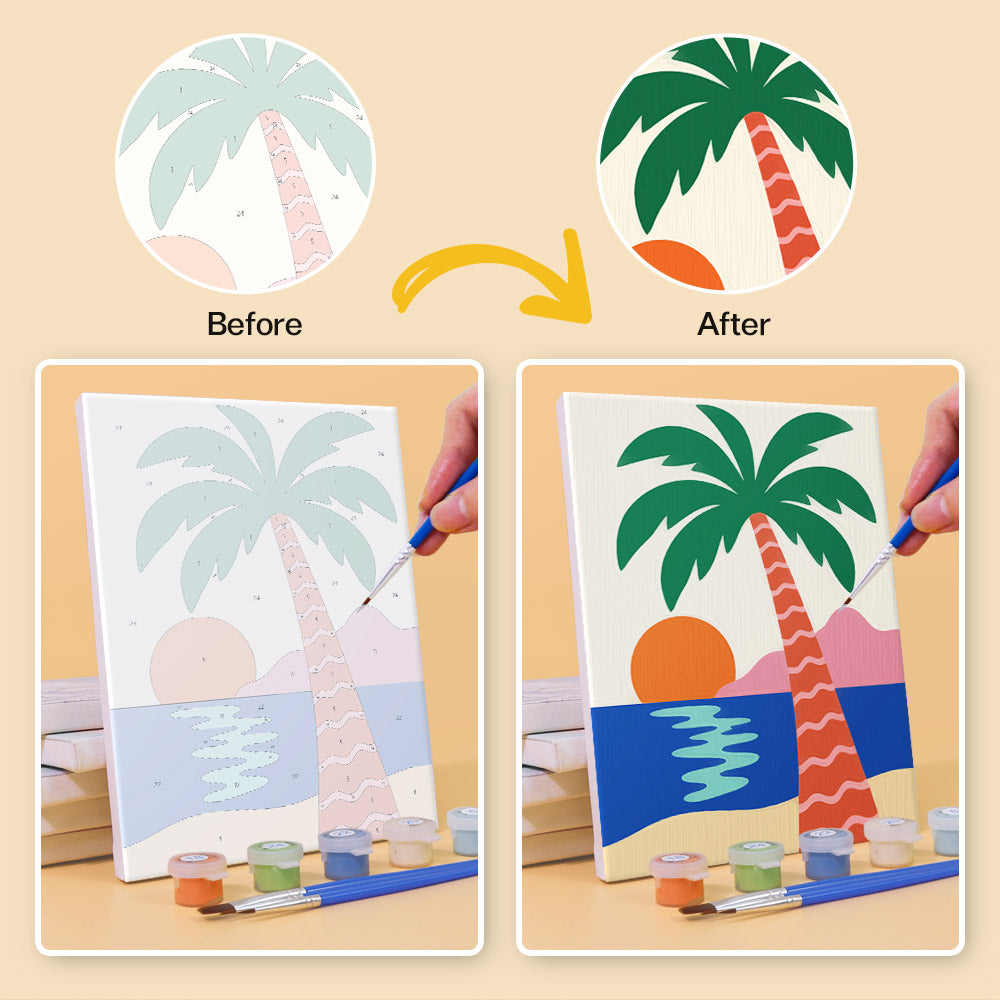 Before and after of a Tropical Cutouts mini paint by numbers canvas