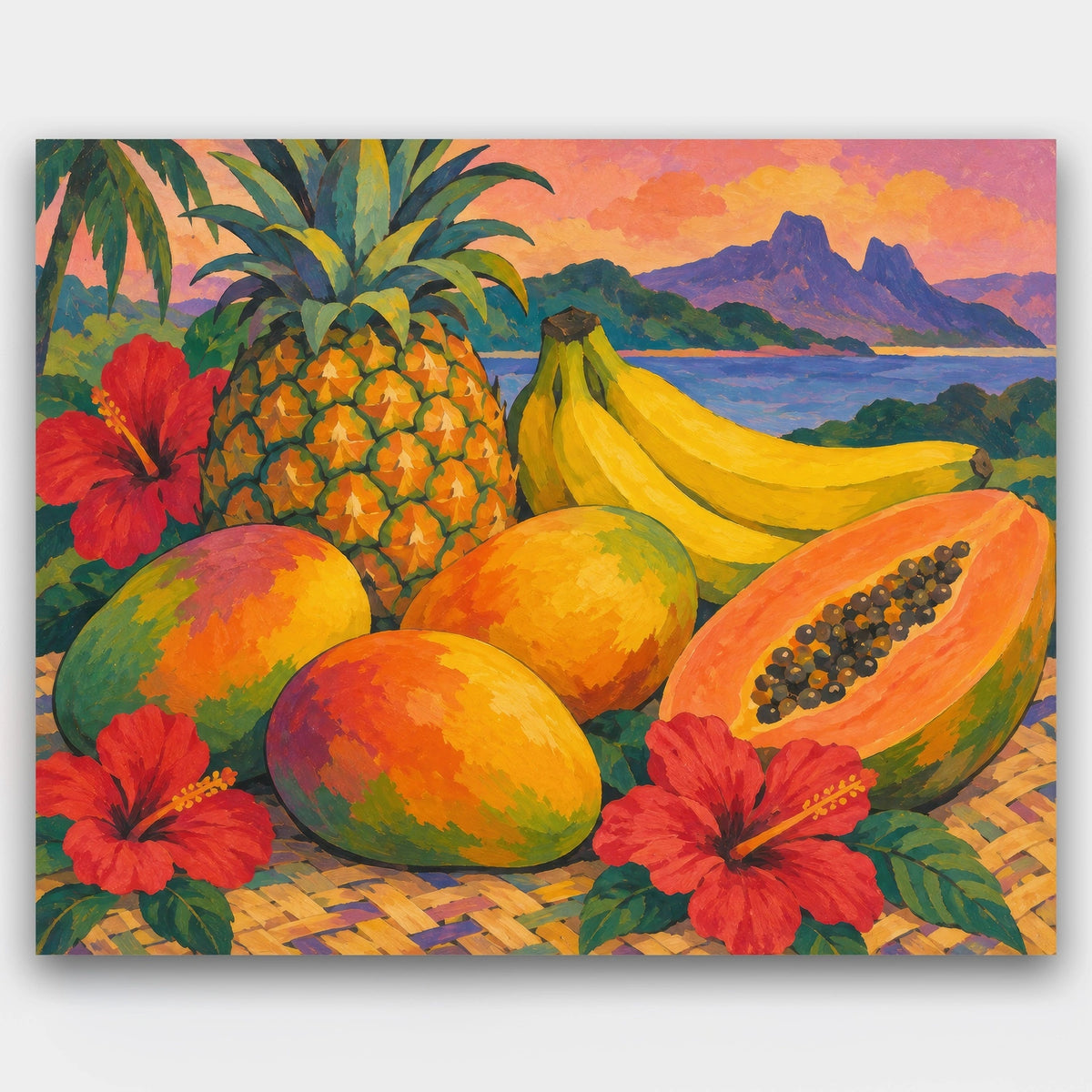 Tropical Fruit Harvest paint by numbers kit of a pineapple, bananas, mangoes and papaya with red hibiscus on a woven mat by the sea