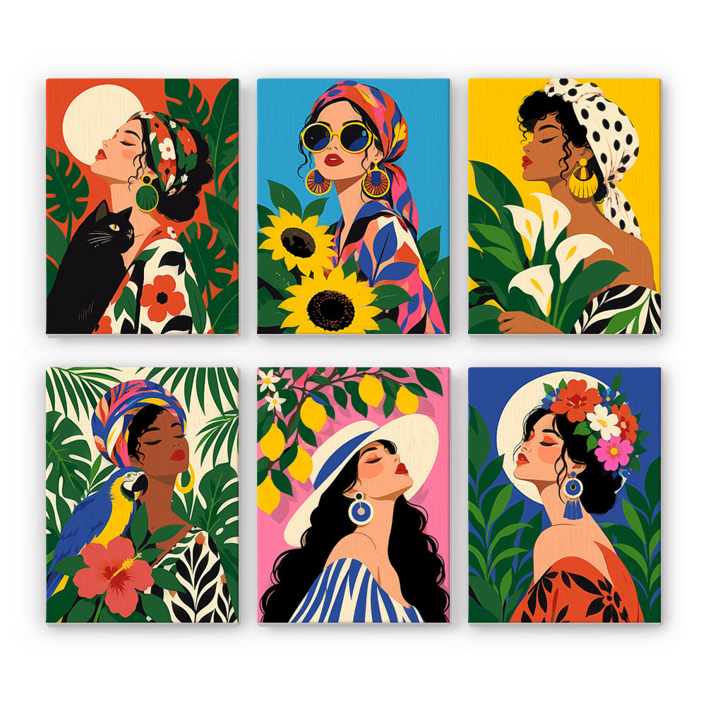 Tropical Muses mini paint by numbers set: six designs of women with headscarves, sunflowers, calla lilies, lemons and a parrot