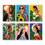 Tropical Muses mini paint by numbers set: six designs of women with headscarves, sunflowers, calla lilies, lemons and a parrot