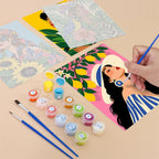 Filling in a Tropical Muses mini canvas with numbered acrylic paints and a fine brush