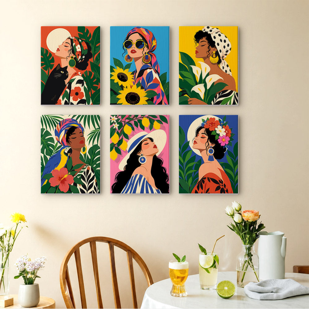 Tropical Muses mini paintings displayed as a gallery wall in a sunny kitchen