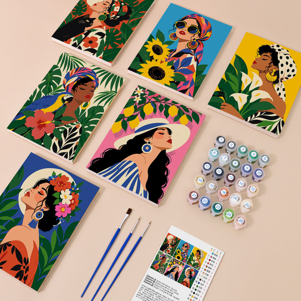 Tropical Muses mini paint by numbers kit with six numbered canvases, acrylic paints, brushes and layout