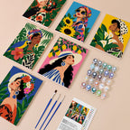 Tropical Muses mini paint by numbers kit with six numbered canvases, acrylic paints, brushes and layout
