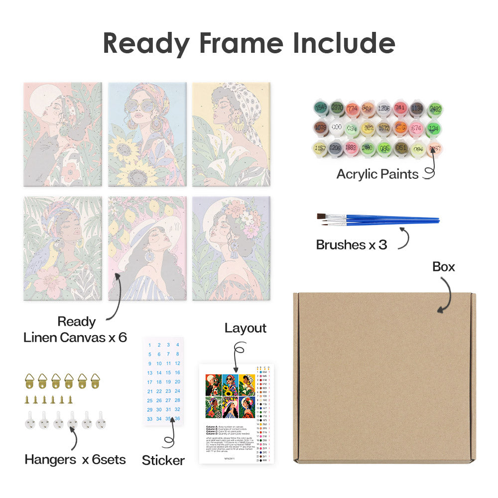 What's included pre-stretched on frame: six framed Tropical Muses mini canvases, paints, three brushes, hangers and layout