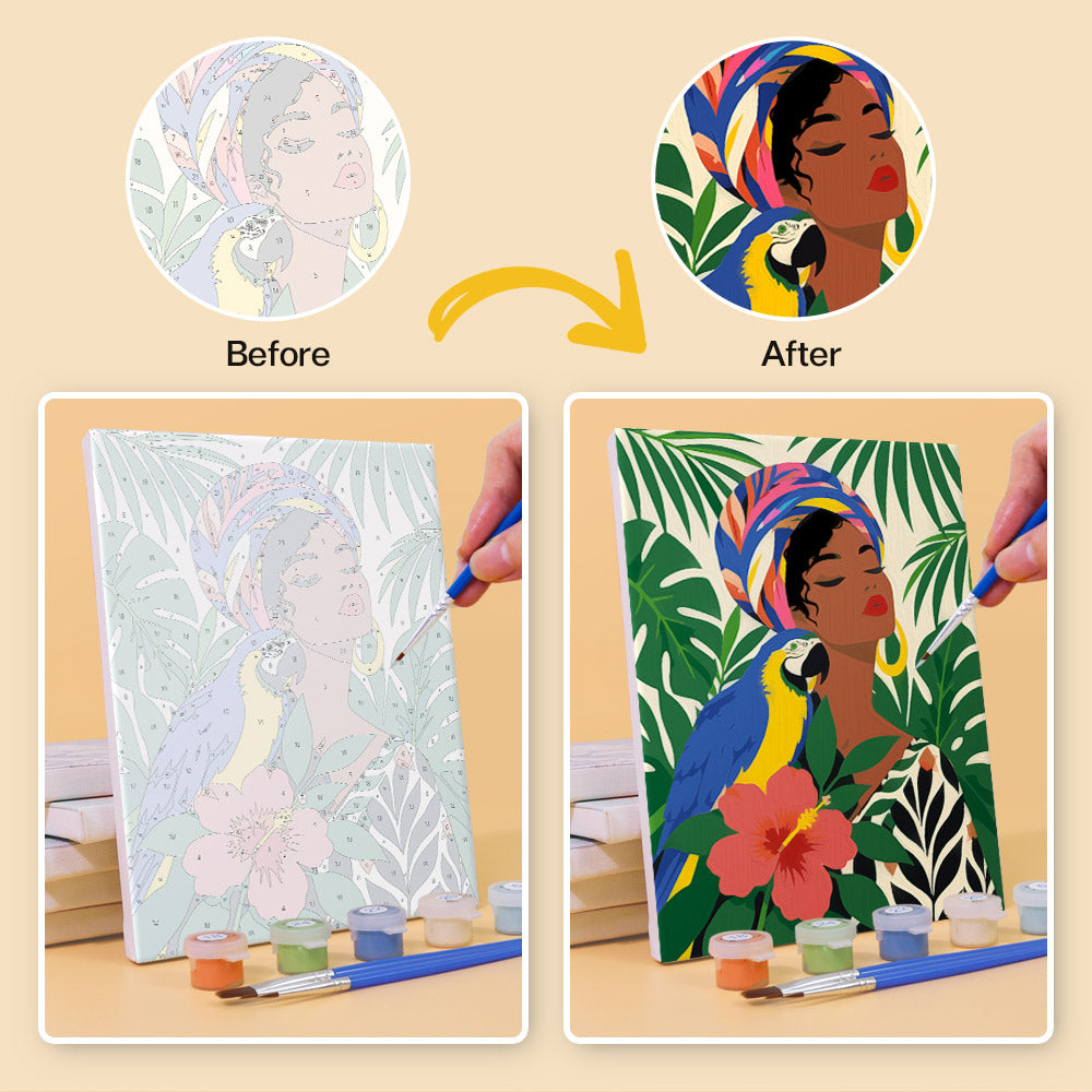 Before and after of a Tropical Muses mini paint by numbers canvas